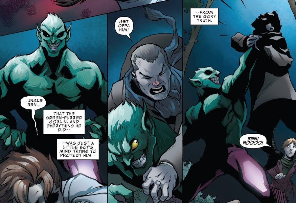 Image of Uncle Ben being killed by the Goblin By Night, in front of Peter