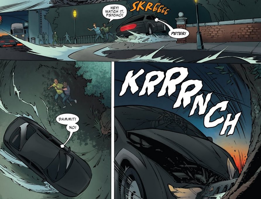 [Harry's car swerves past]

BYSTANDER: Hey! Watch it, psycho!

HARRY: Peter! Dammit! No!

[Car crashes into tree]