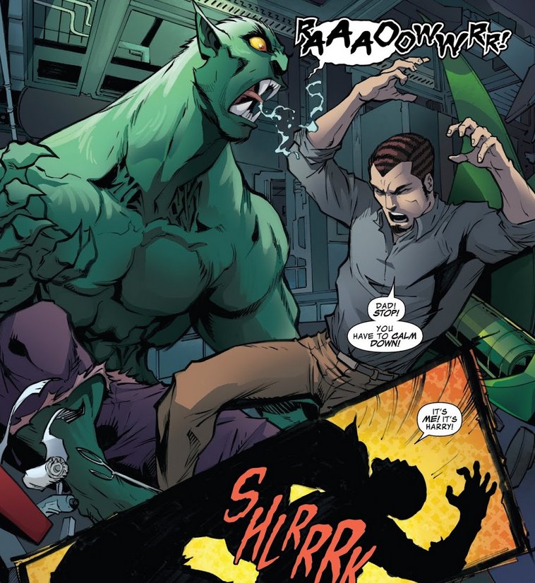 HARRY: Dad! Stop! You have to calm down! [Norman takes a bite of him] It's me! It's Harry!